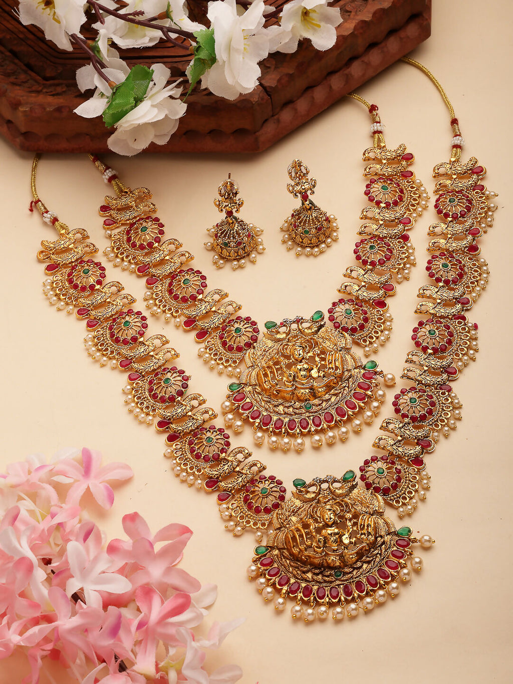 NVR Women's Set of 2 Gold-Polished Green & Pink Stone Studded Peacock & Lakshmi Design Temple Jewellery Set