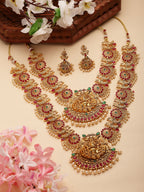 NVR Women's Set of 2 Gold-Polished Green & Pink Stone Studded Peacock & Lakshmi Design Temple Jewellery Set