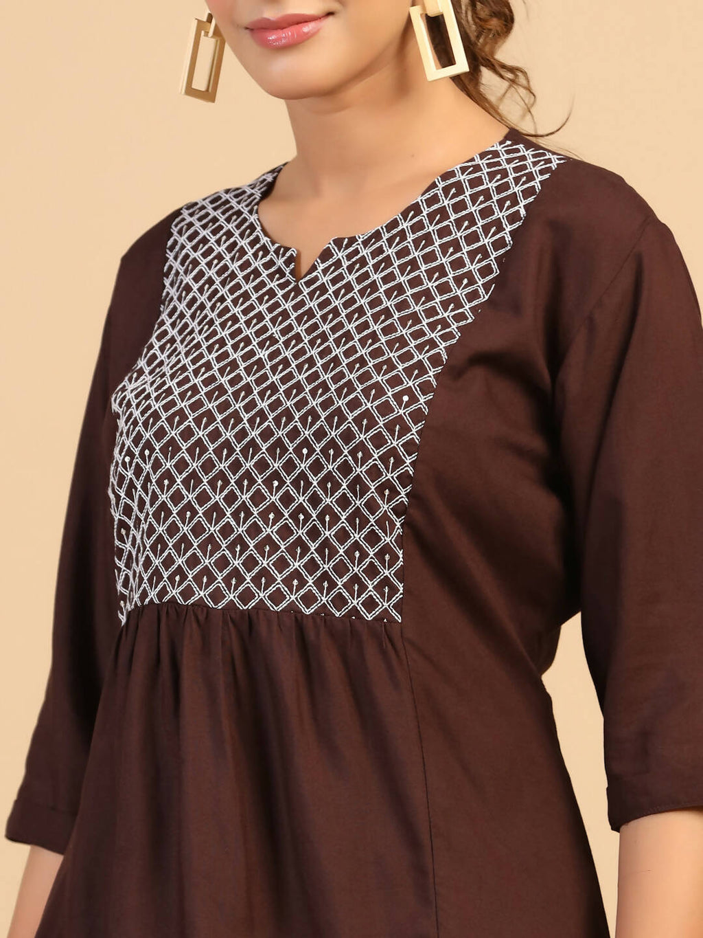 Womens Brown Rayon Yoke Embroidered Top - Keeva