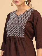 Womens Brown Rayon Yoke Embroidered Top - Keeva