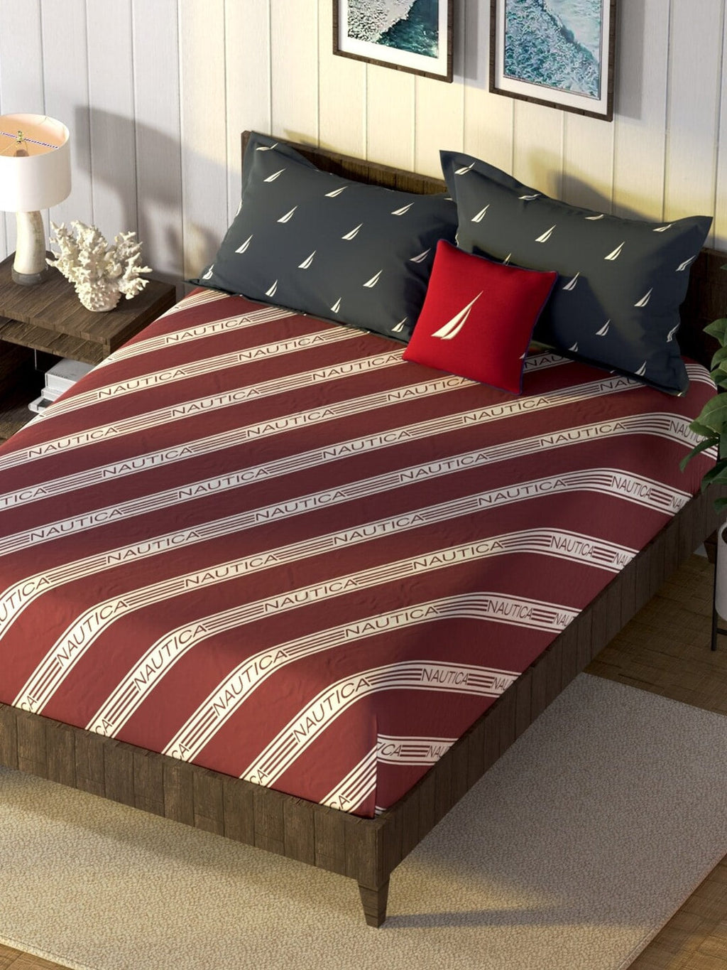 Nautica Noridge Red & White Printed Cotton 160 TC King Bedsheet with 2 Pillow Covers