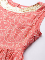 All About You Women Peach Pin & White Bandhani Print Pleated Sequinned Kurti with Palazzos