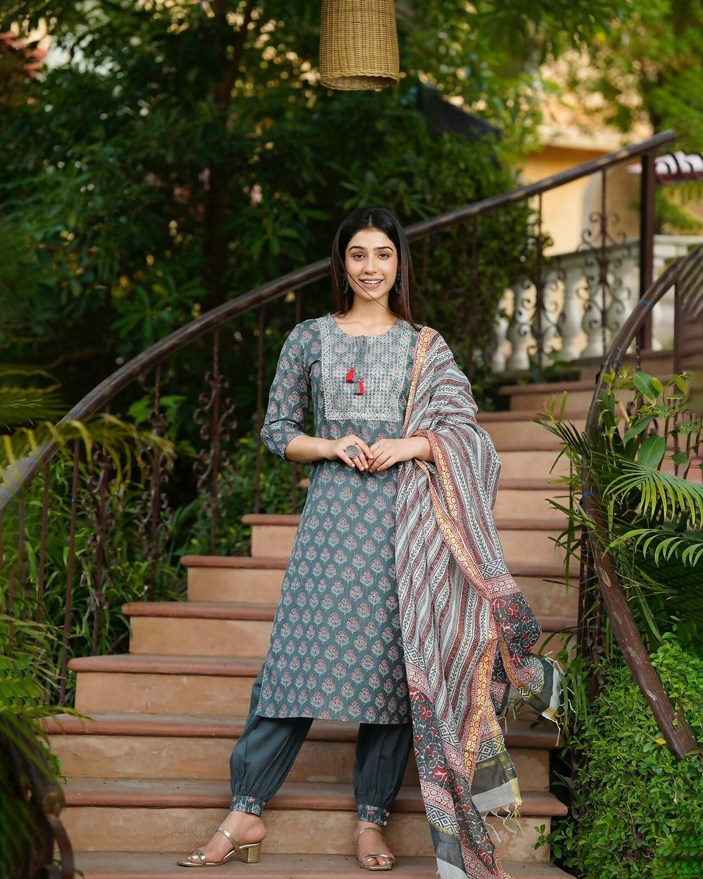 Juniper Women's Grey Cotton Printed Straight Kurta Pant Dupatta Set - Distacart