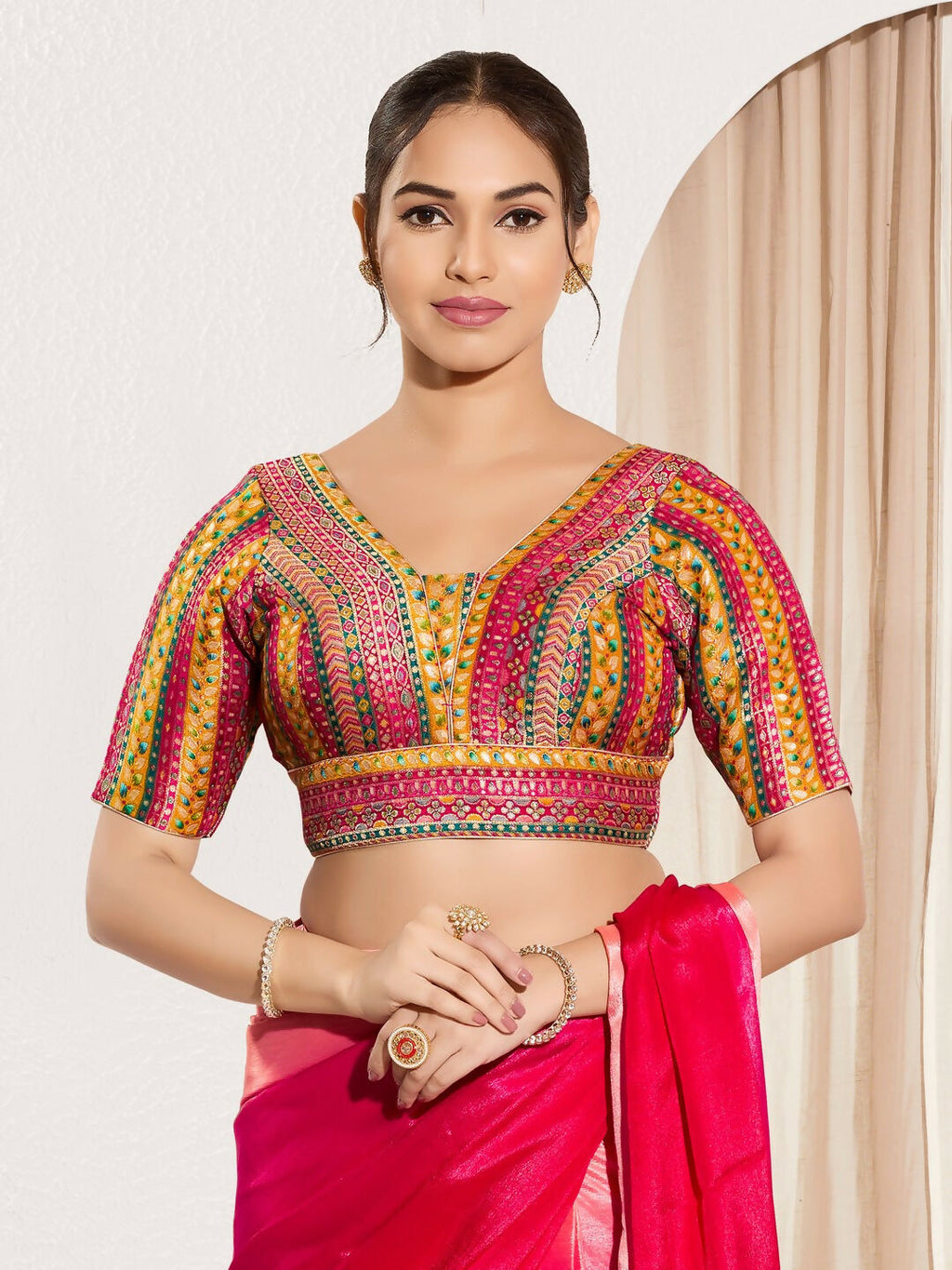 Joban Fashion Pink Multi Brocade Padded Blouse With V Neck Elbow Sleeves - Distacart
