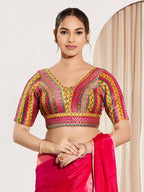 Joban Fashion Pink Multi Brocade Padded Blouse With V Neck Elbow Sleeves - Distacart