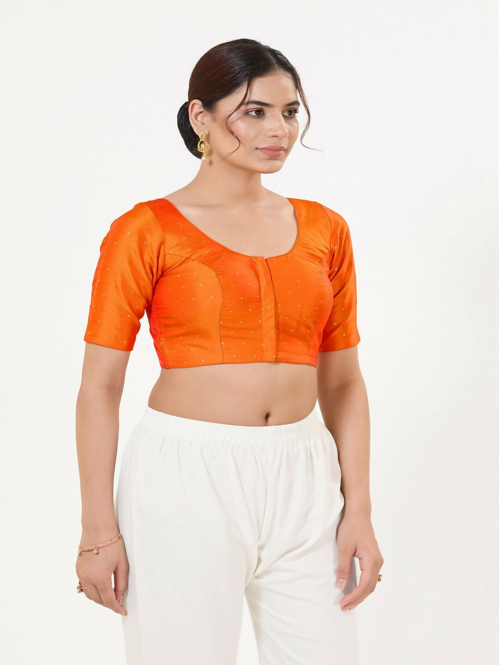 Joban Fashion Orange Taffeta Silk Elbow Sleeveless Front Open Blouse