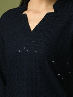 Myshka Women's Navy Blue Embellished Cotton Regular Party Tunic