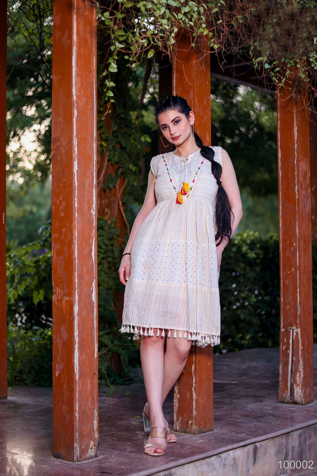 Aayaa Designer Multi Thread Hand Work Khadi Cotton One Piece Dress - Off White