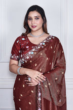 Morchari Brown Pure Chiffon Hand Embroidery Saree And Stitched Blouse - Distacart