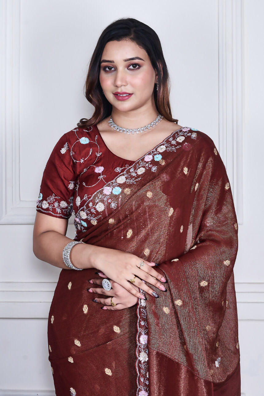 Morchari Brown Pure Chiffon Hand Embroidery Saree And Stitched Blouse - Distacart