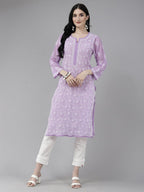 ADA Women Purple & White Ethnic Motifs Embroidered Chikankari Georgette Kurta