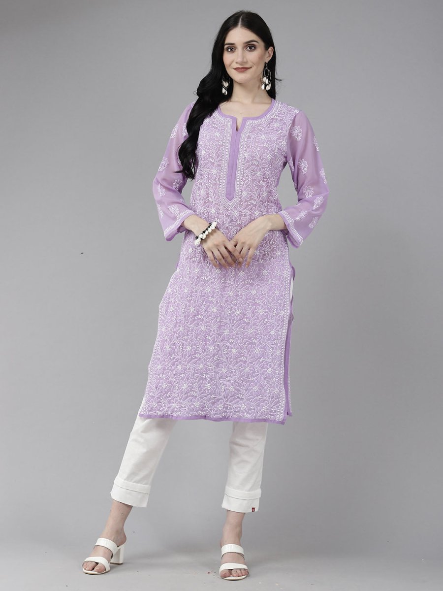 ADA Women Purple & White Ethnic Motifs Embroidered Chikankari Georgette Kurta
