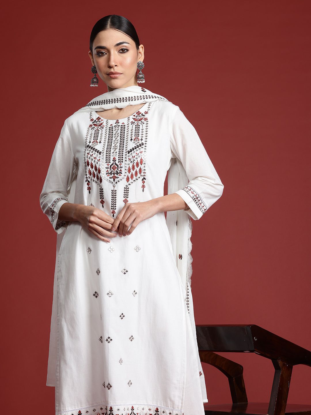 Indo Era Floral Embroidered Thread Work Pure Cotton Kurta with Trousers & With Dupatta - Distacart