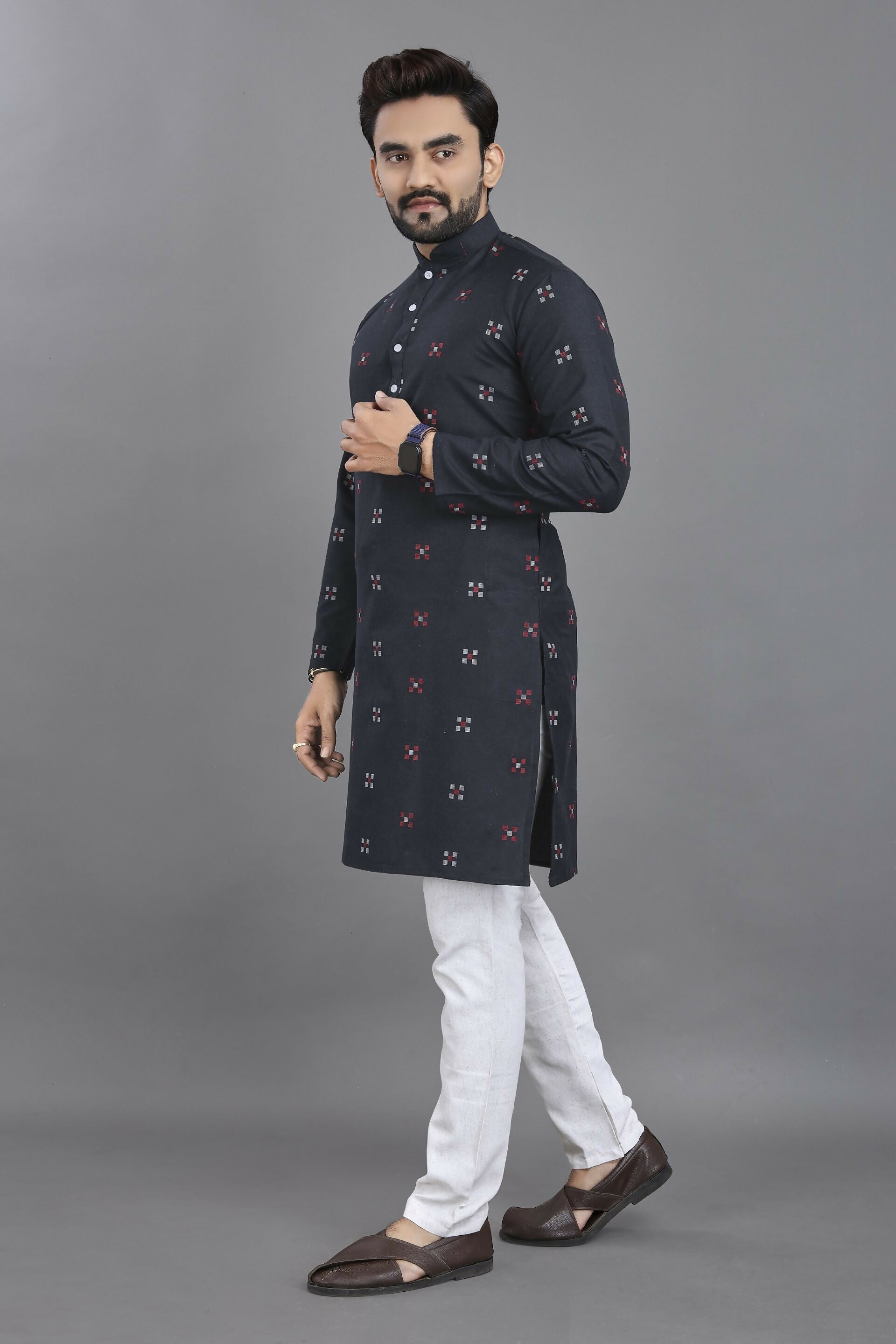 Anaita Navy Blue Weaving Linen Cotton Straight Kurta