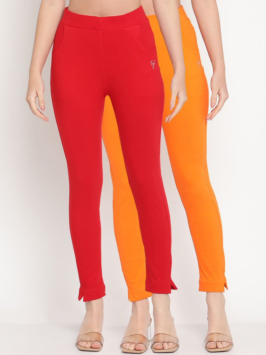 TAG 7 Set Of 2 Red & Orange Solid Leggings
