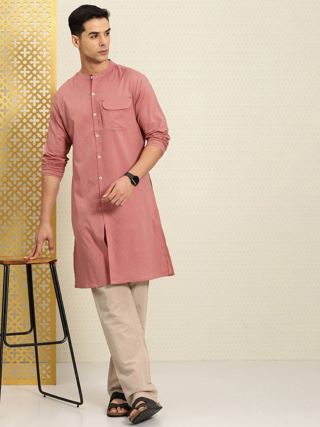 House of Pataudi Rozana Band Collar Pure Cotton Kurta