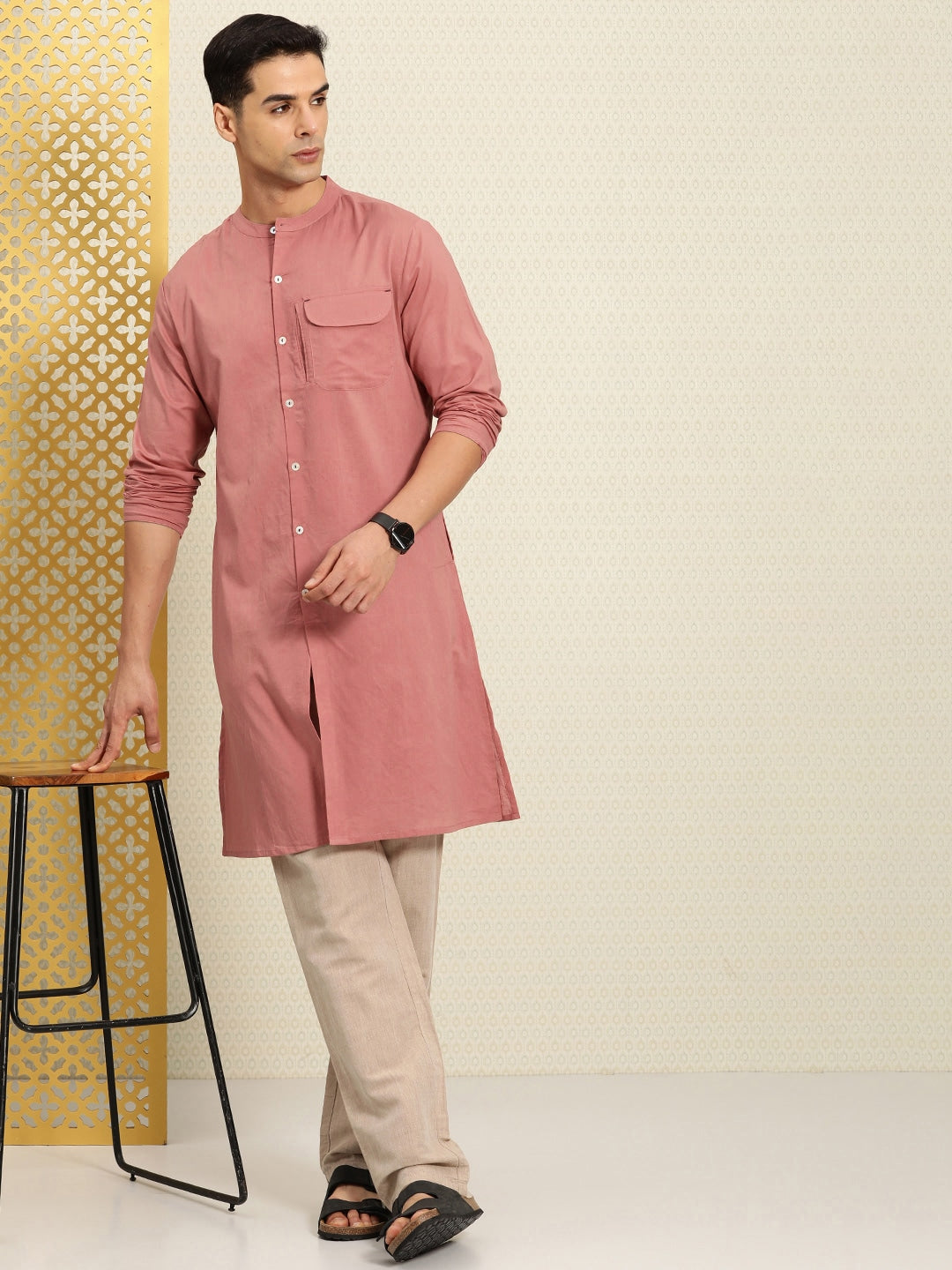 House of Pataudi Rozana Band Collar Pure Cotton Kurta