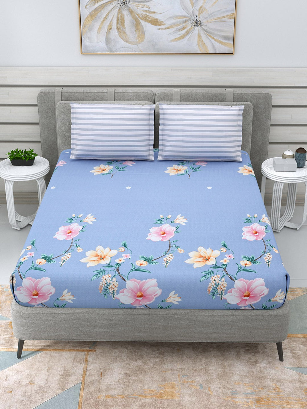 DREAM WEAVERZ Blue & Pink Floral Glazed Cotton 220 TC King Bedsheet with 2 Pillow Covers