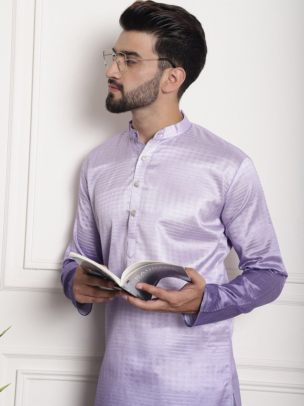 Sojanya Woven Design Mandarin Collar Silk Cotton Kurta