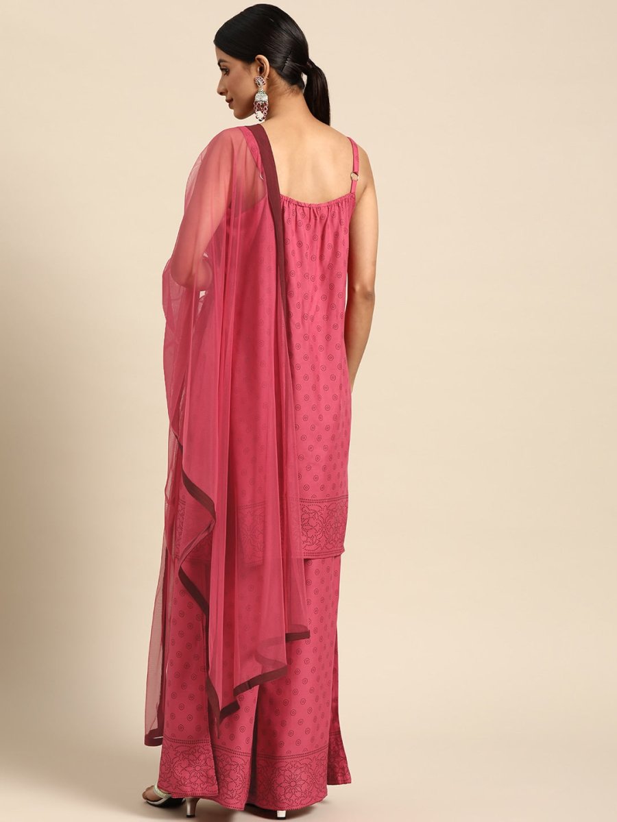 All About You Women Pink Printed Kurta with Palazzos & Dupatta
