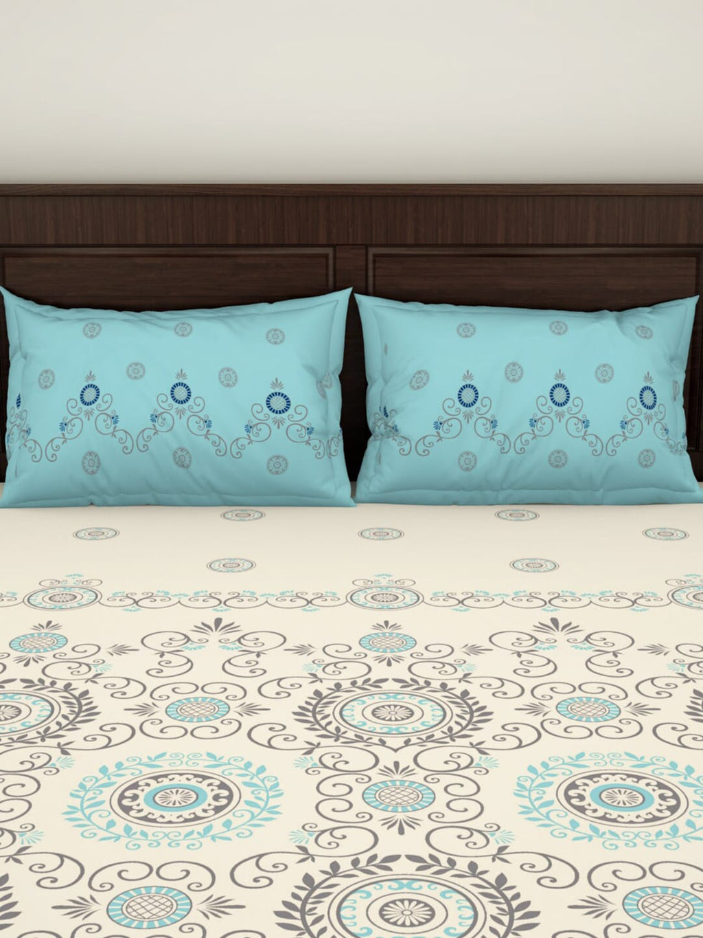 SPACES Reagalis Cream Ethnic Motifs 140 TC Cotton Queen Bedsheet & 2 Pillow Covers