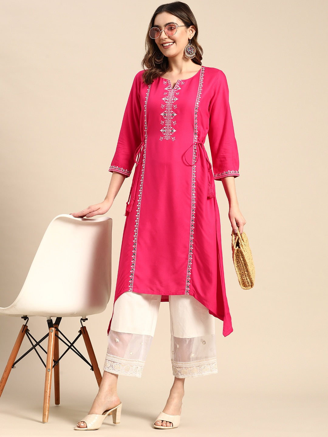 Sangria Floral Embroidered Mirror Work Kurta