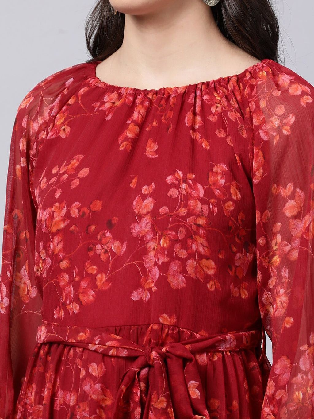 Souchii Maroon Floral Layered Chiffon A-Line Midi Dress - Distacart