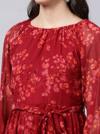 Souchii Maroon Floral Layered Chiffon A-Line Midi Dress - Distacart