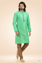 Raivat Ethnic Jacquard Banarasi Silk Pintux Work Kurta Pajama In Green Colour