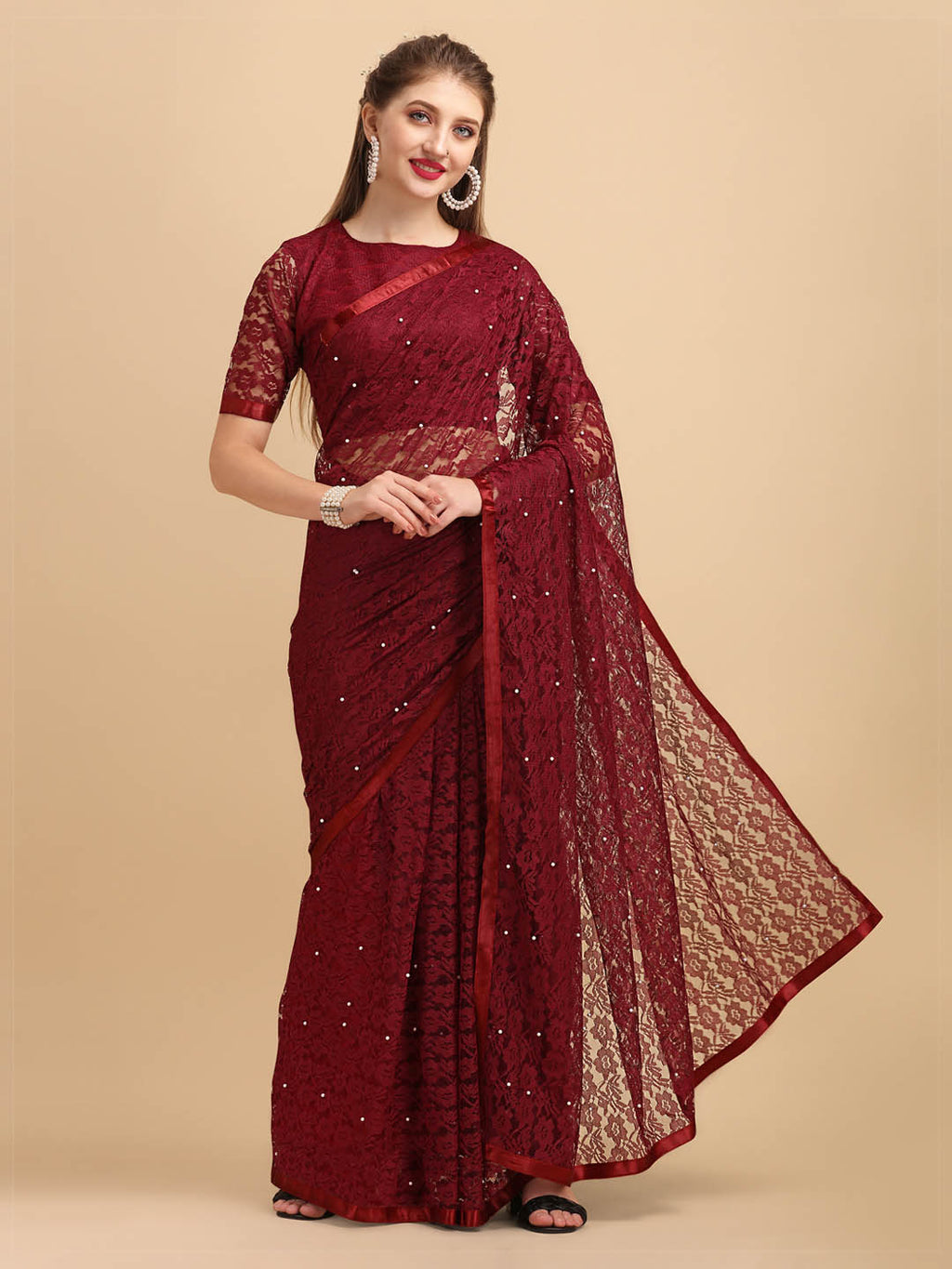 Sangria Maroon Floral Self Design Lace Saree - Distacart