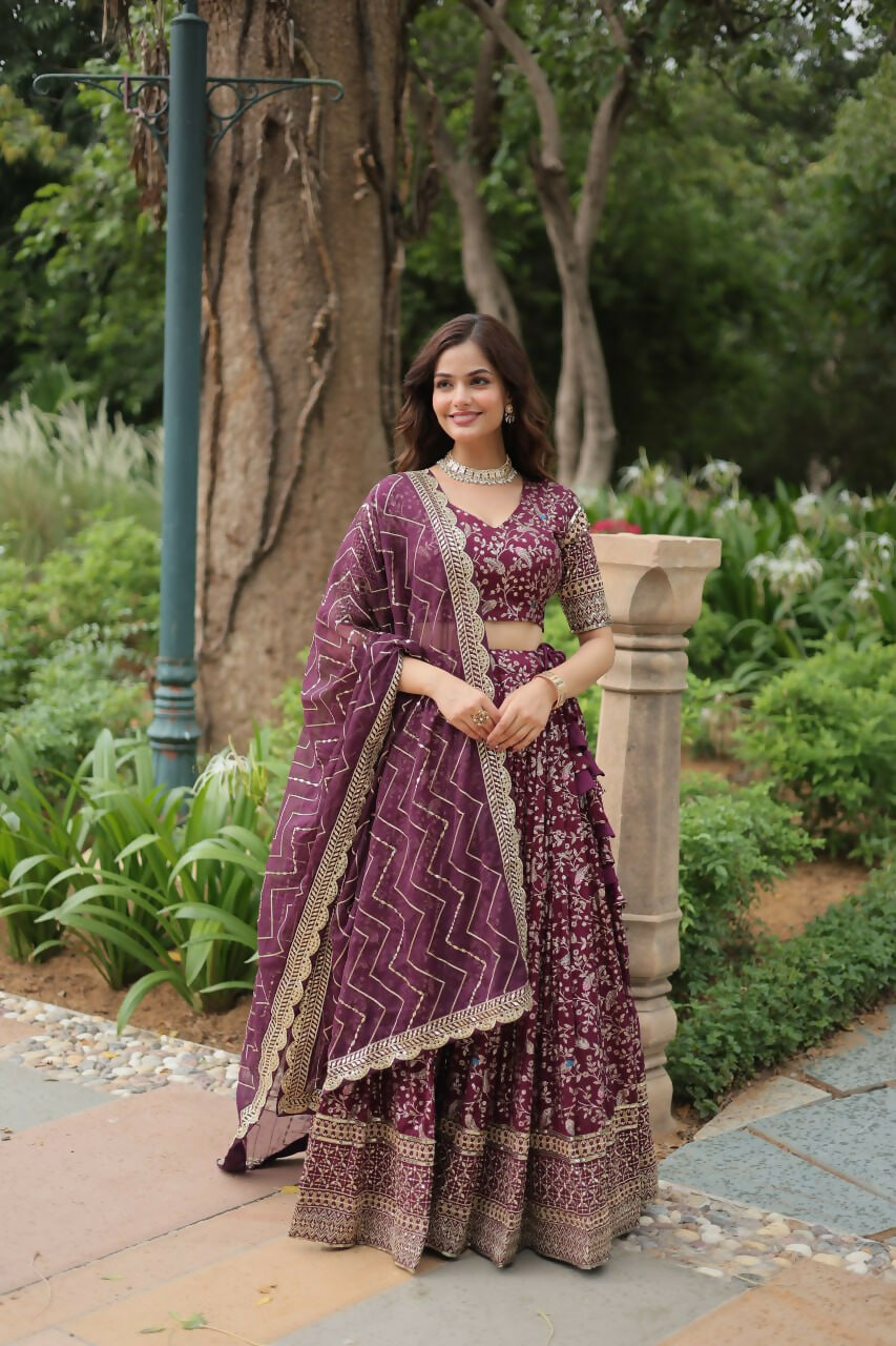 Lorenvalley Wine Pure Viscose Jacquard with Golden Embroidered Sequins work Lehenga Choli