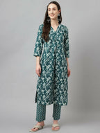 FIORRA Women's Teal Green Cotton A-Line Kurta Set
