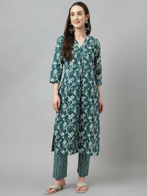 FIORRA Women's Teal Green Cotton A-Line Kurta Set