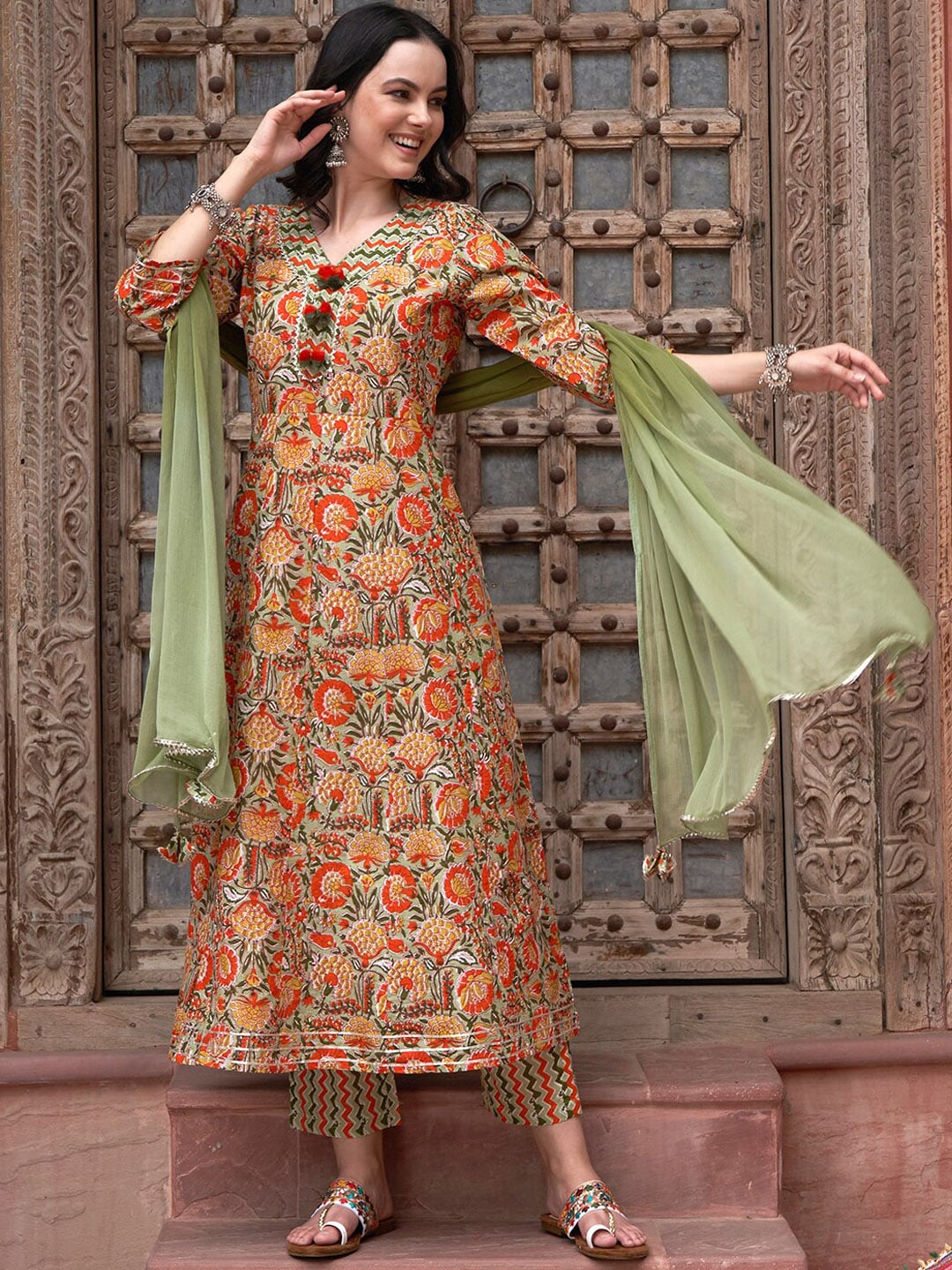 Sangria Orange Printed Gotta Patti Detail Pure Cotton A-Line Kurta With Trousers & Dupatta