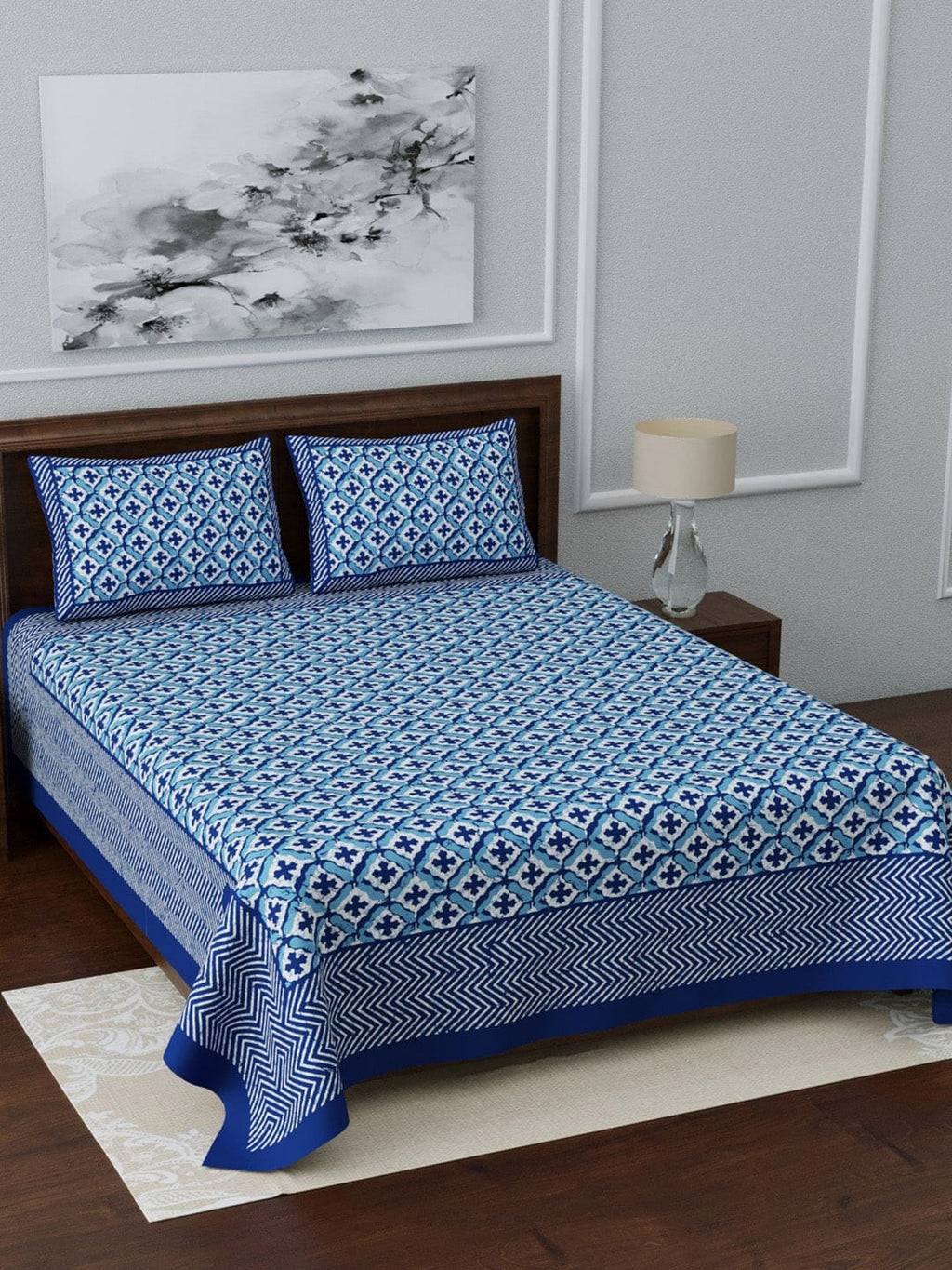 LIVING ROOTS Blue & White Ethnic Motifs 210 TC King Bedsheet With 2 Pillow Covers