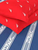 Nautica Blue & Red Striped Cotton 160 TC King Bedsheet With 2 Pillow Covers