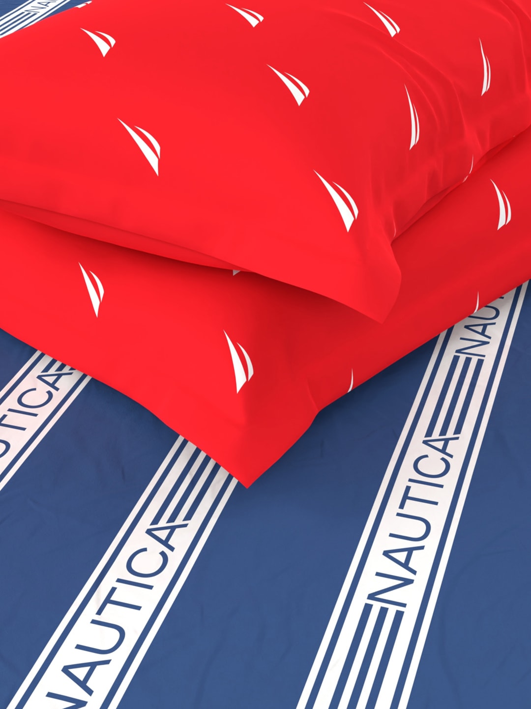Nautica Blue & Red Striped Cotton 160 TC King Bedsheet With 2 Pillow Covers