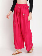 TAG 7 Women Pink & Gold-Toned Ethnic Motifs Embellished Flared Palazzos