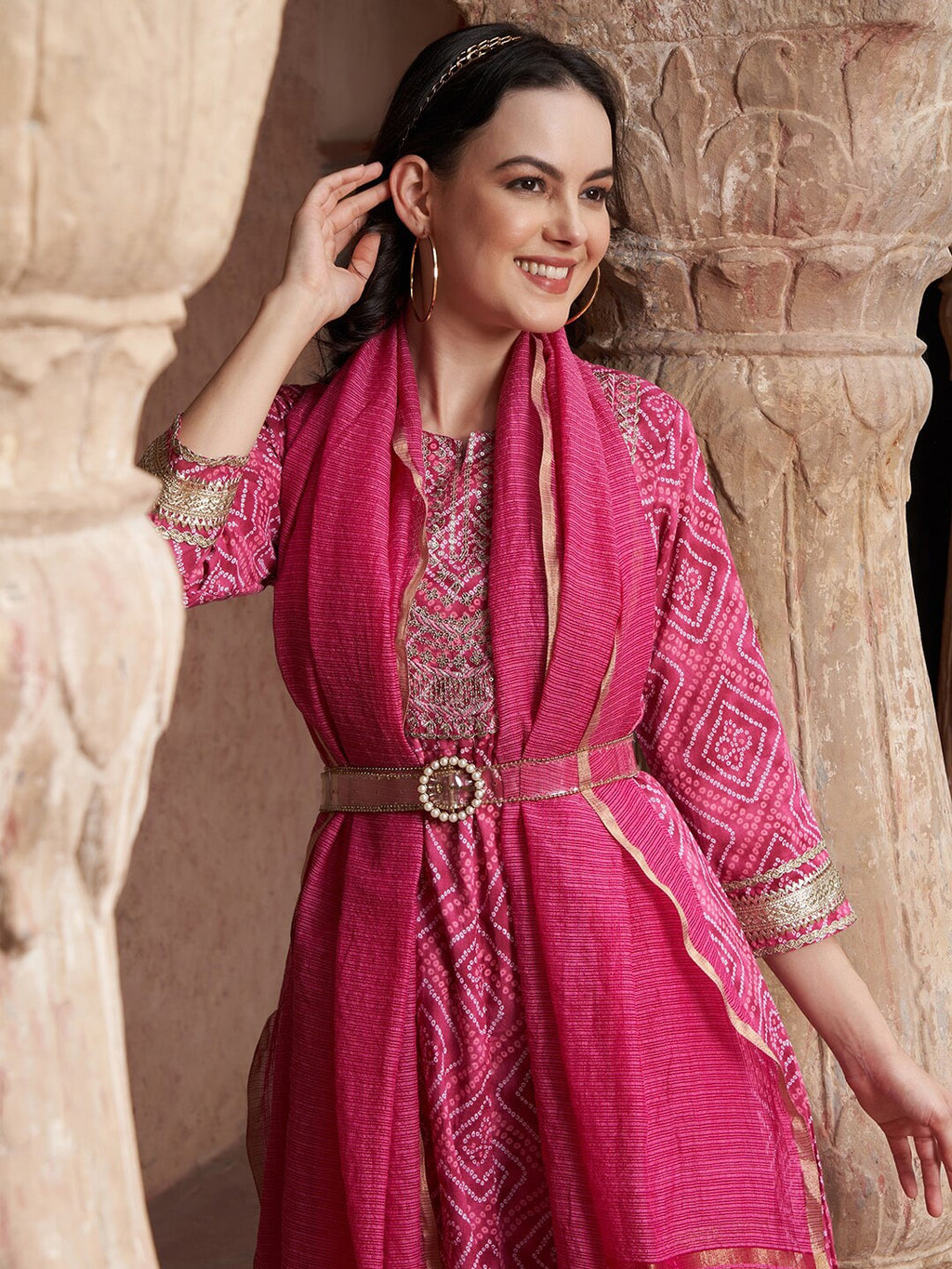 Sangria Bandhani Printed Thread Work Pure Cotton A-Line Kurta with Trousers & Dupatta