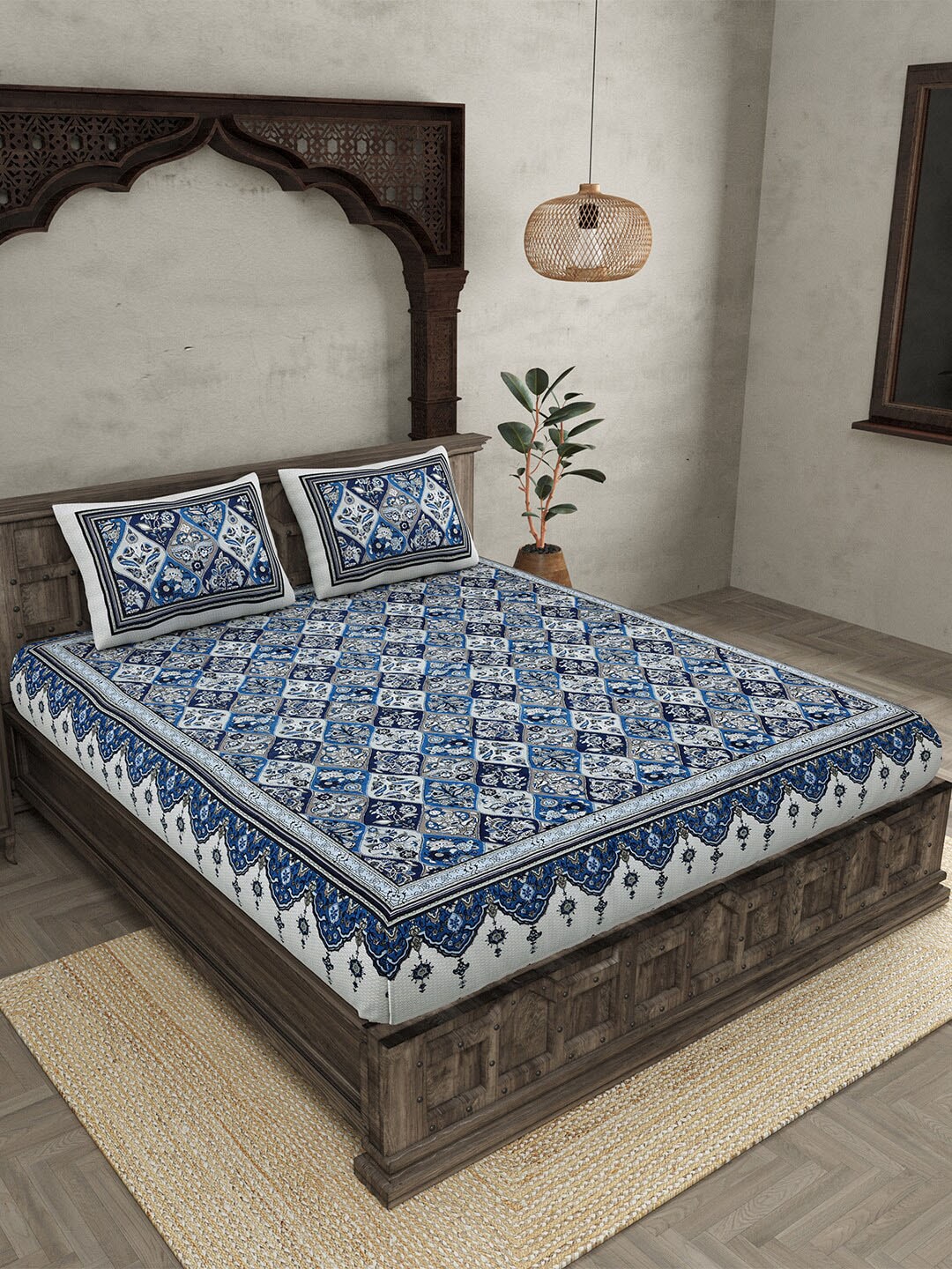 JAIPUR FABRIC Festival Waves Blue & White Cotton 210 TC Queen Bedsheet & 2 Pillow Covers