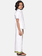 Sethukrishna Boys White & Green Cotton Shirt With Readymade Dhoti