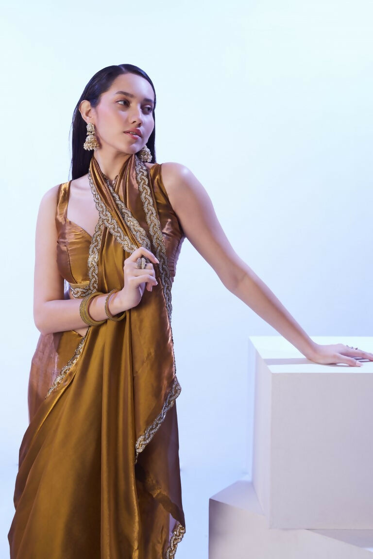 Gold Satin Jimmy Choo Solid Designer & Lace Work Saree - Samaa