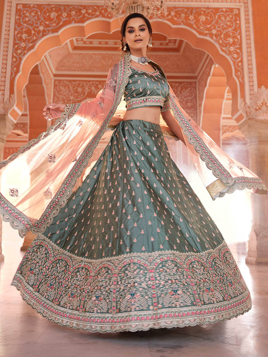 Myra Rama Green Embroidered Designer Lehenga Choli