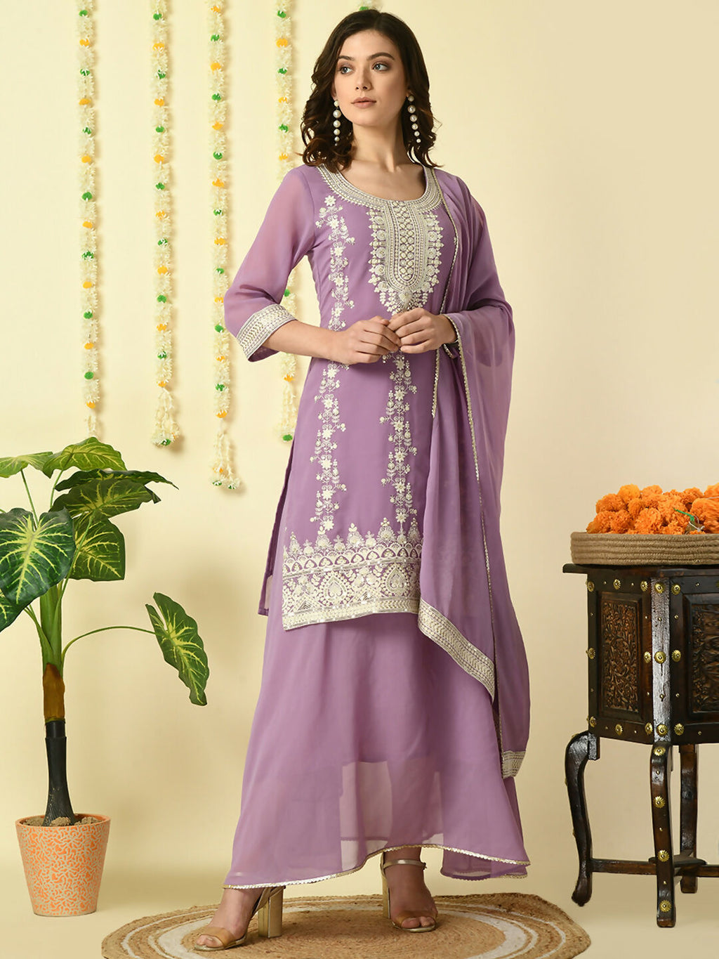 Myshka Women's Purple Georgette Kurta & Skirt With Dupatta Party Sets
