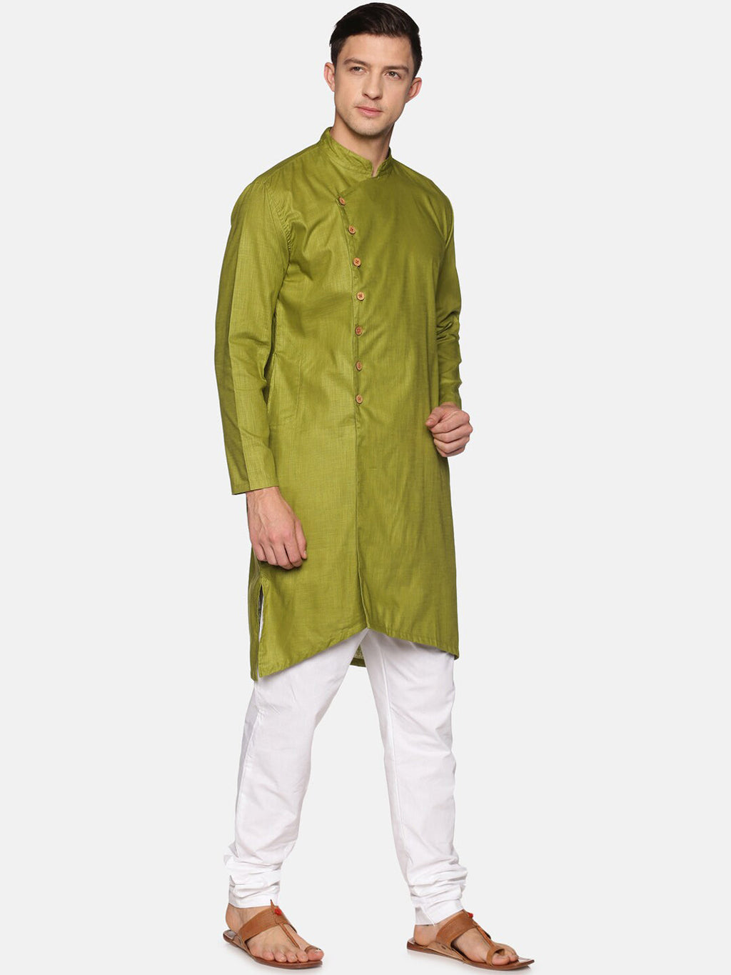 Sethukrishna Men Green Angrakha Pure Cotton Kurta with Pyjamas - Distacart