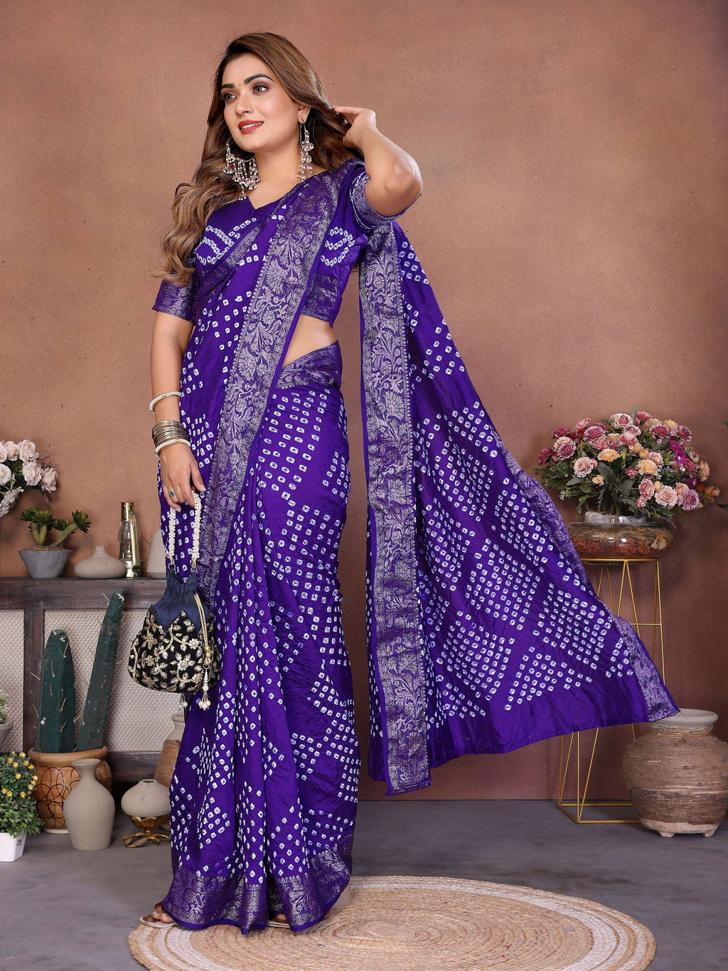 Aastha Fashion Purple Pure Dola Silk Handmade Original Bandhej Saree - Distacart