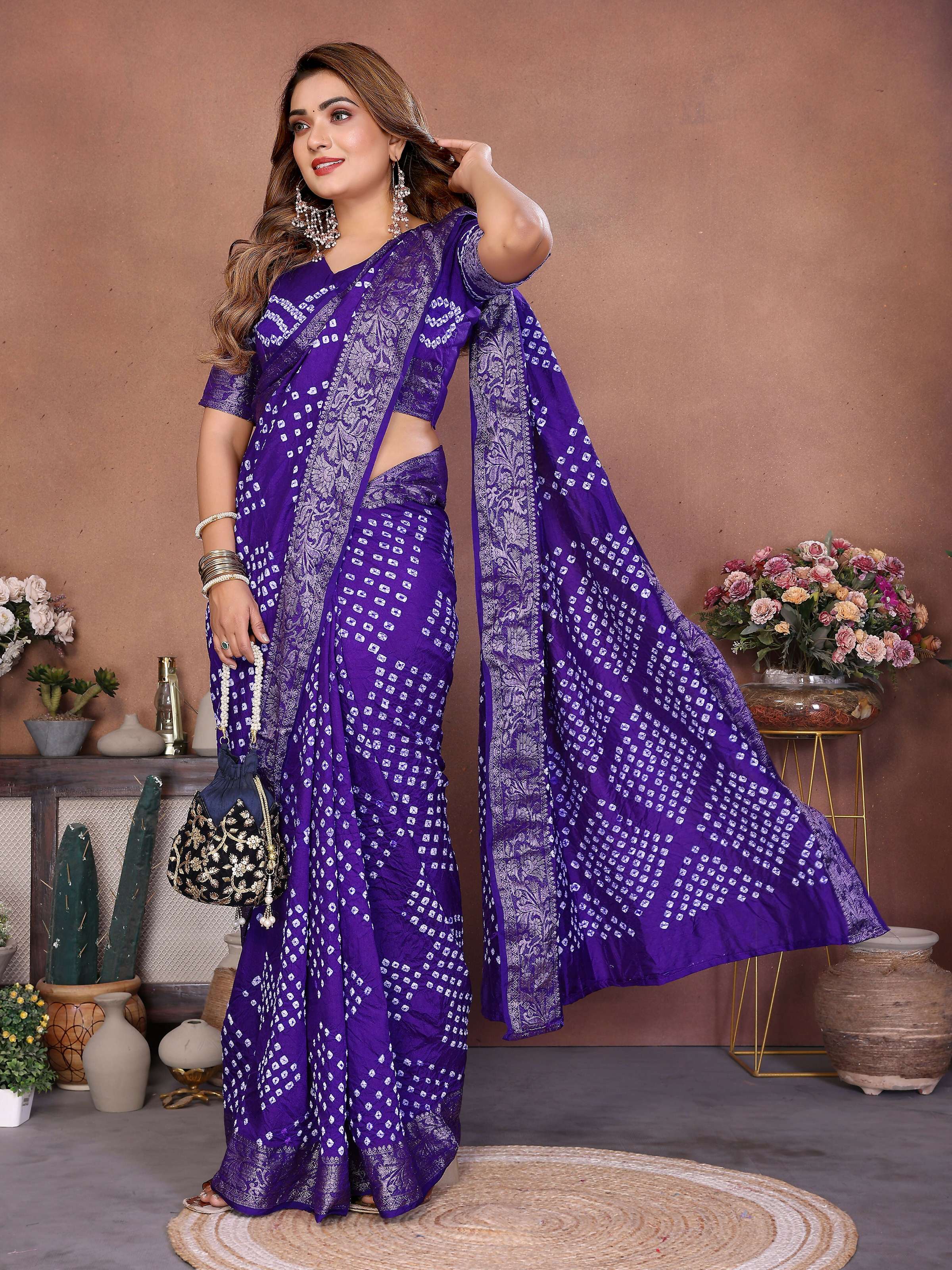 Aastha Fashion Purple Pure Dola Silk Handmade Original Bandhej Saree - Distacart