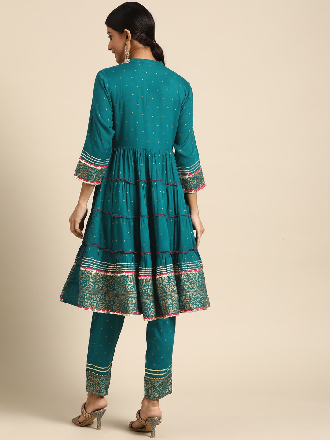 Sangria Women Teal Green & Golden Floral Embroidered Kurta with Trousers