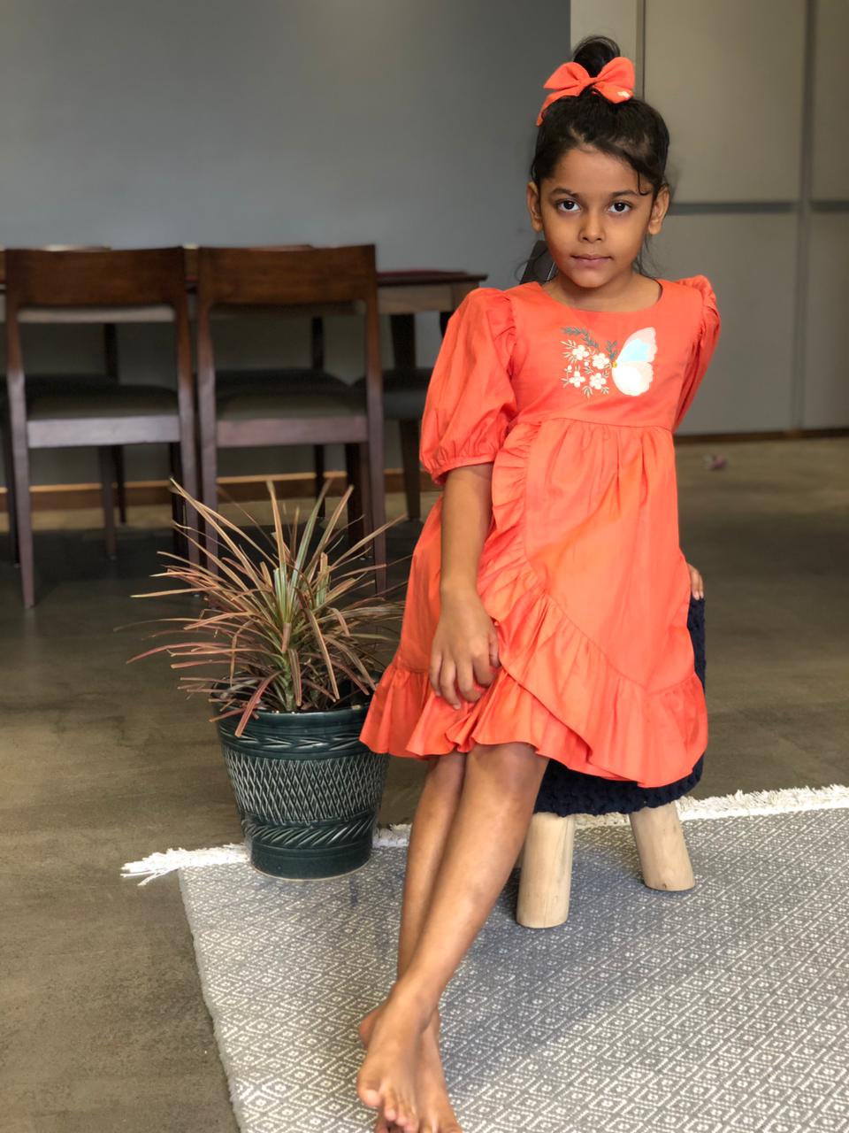 ArthLife Orange Butterfly Embroidered Dress