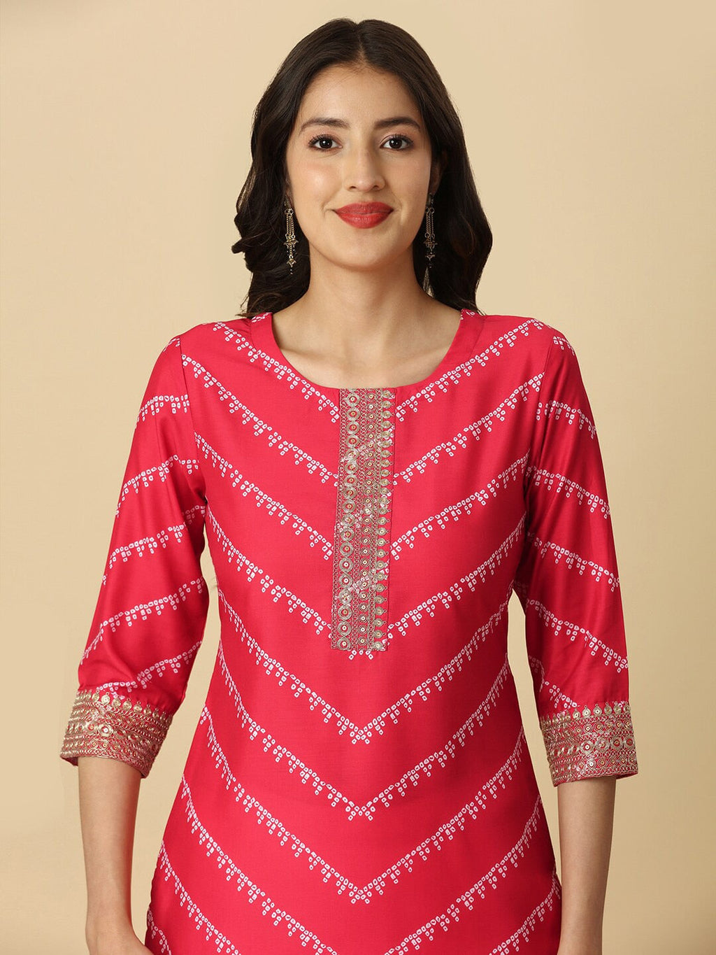 HERE&NOW Red & White Bandhani Printed Thread Work Kurta